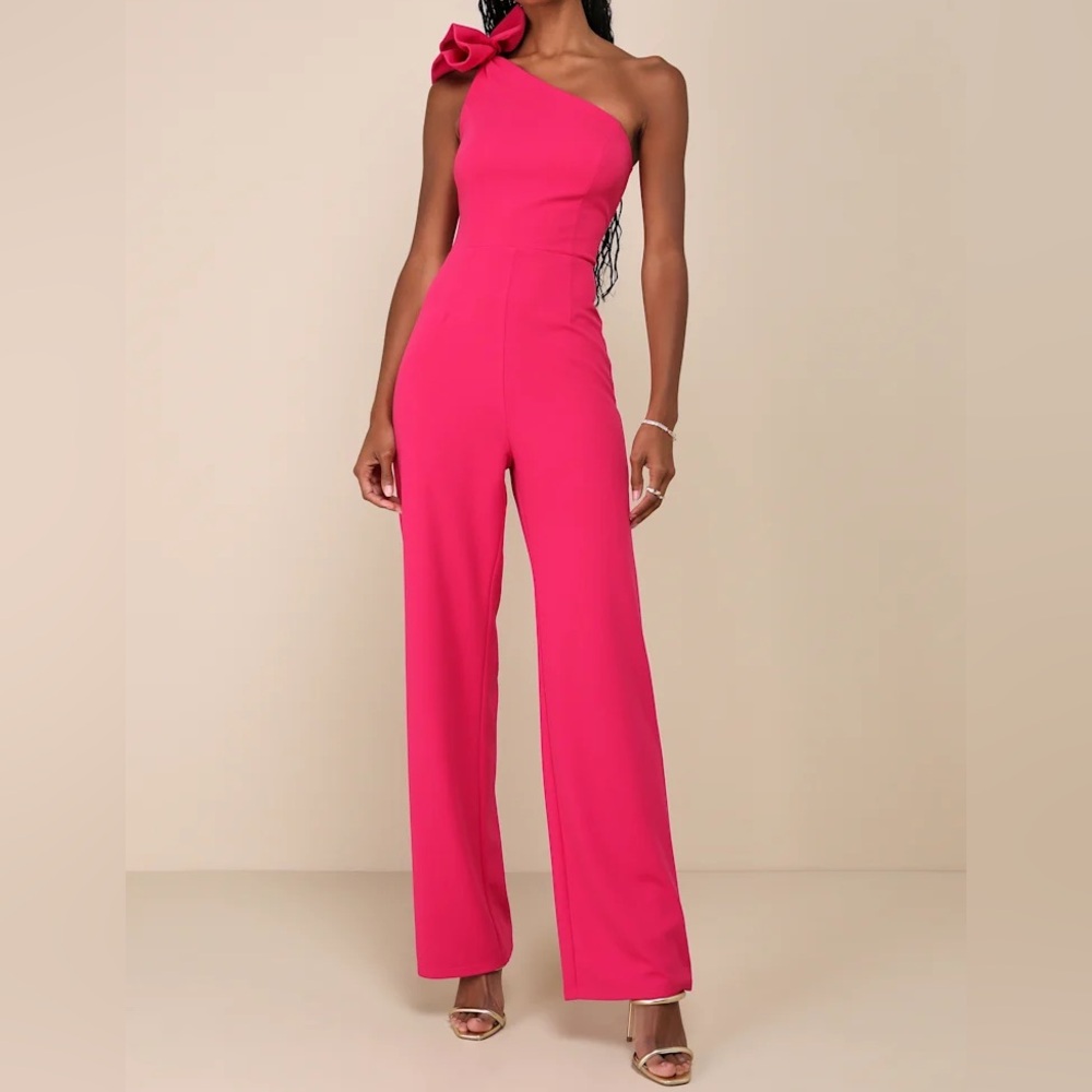 NWT Lulu's Fuchsia One-Shoulder Jumpsuit with Statement Ruffle